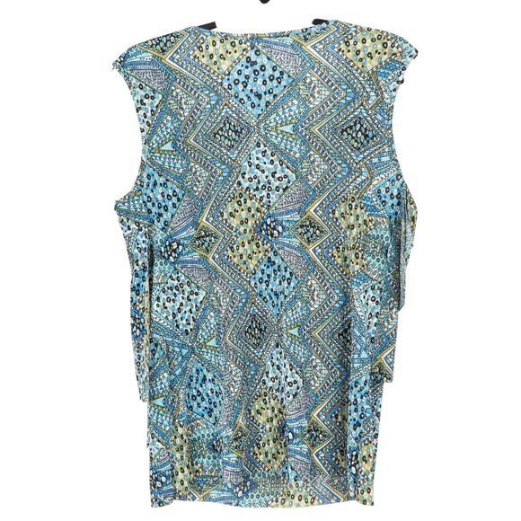 Notations Sleeveless Blouse L Womens New Ruffle Layers Geometric Blue Green - Picture 6 of 6